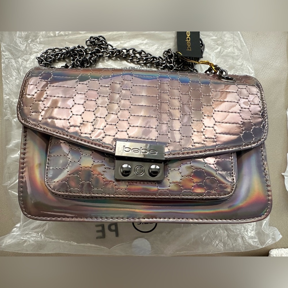 NWT BEBE Ona Crossbody Iridescent Holographic Silver Metallic Quilt Chain Purse - Picture 5 of 12